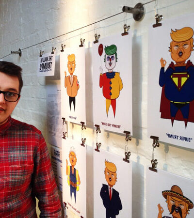 BA (Hons) Graphic & Media Design student Mitch Adams and his wall of Trump graphic artwork